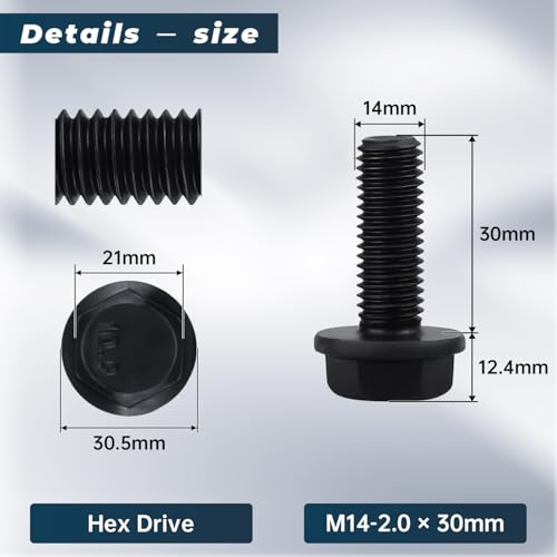 Image of M14-2.0 x 30mm Flange Bolt, Hex Head Flanged Bolt 10.9 Grade High Strength- Black Oxide Finish, Full Thread, Metric- Heavy Duty for Automotive, Machinery & Construction (6 Pcs) 6 pcs