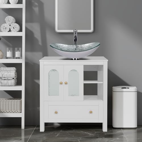 SOLIDEE 30-Inch White Bathroom Vanity with Water Ripple Design Door, Modern Stylish Cabinet with Silver Boat Glass Sink Top