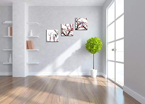 Nan Wind Small Size Traditional Chinese Painting Of Birds On Peach Trees Canvas Prints 3 Panels Wood Framed Peach Blossom Wall Art Plum Flowers Print Painting 12X12Inches 3Pcs/Set #TOP2