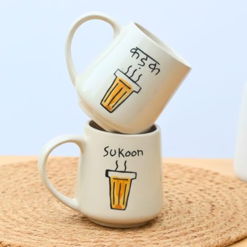 Image of WEAVING HOMES Kadak & Sukoon Mug - Ceramic Coffee Mugs and Cups for Drinking, Stylish Tea Cups and Mugs Set of 2 for Office and Travel (Set of 2, 300 Ml)