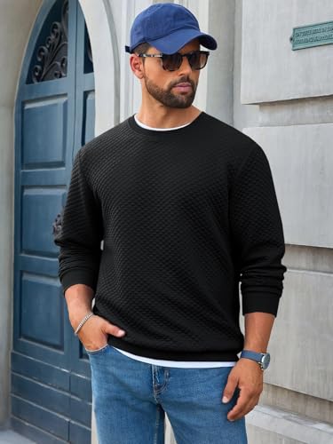 Runcati Mens Crewneck Sweatshirts Quilted Diamond Textured Pullover Long Sleeve Casual Fashion Sweatshirt2