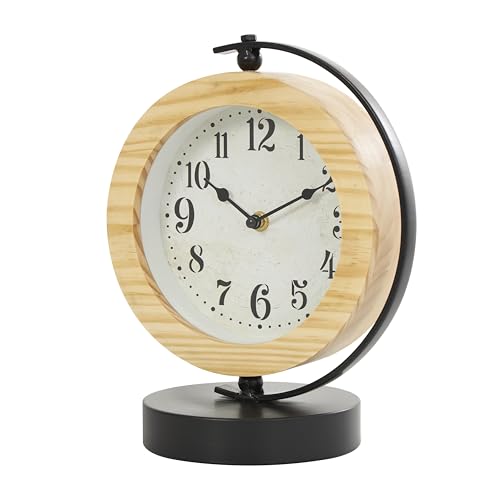 Deco 79 Wood Decorative Clock Mantel Clock with Curved Black Metal Stand and Base, Tabletop Clock 8 x 6 x 11, Light Brown