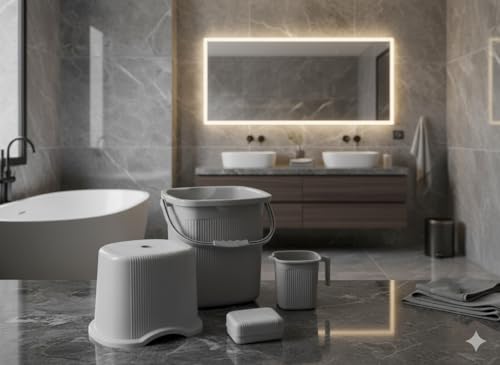 Image of MODWARE Bathroom Set, Pack of 4, Bucket, Mug, Soap Case, Stool, 20L, Polypropylene (Grey)