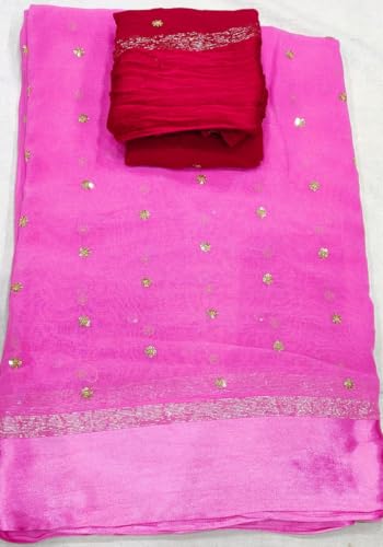Image of Pure Georgette Sequence Work Saree with Contrast Blouse, Satan Patta Fabric