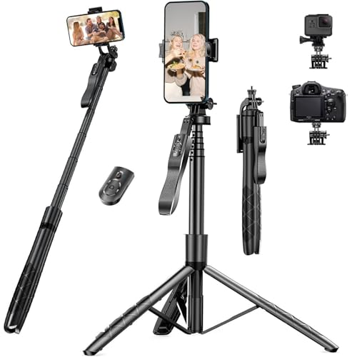 60" Selfie Stick Phone Tripod - Extendable Selfie Stick Tripod Stand with Remote 360° Rotating Portable Travel Tripod Phone Stabilizer for iPhone Android Camera Video Recording Vlogs