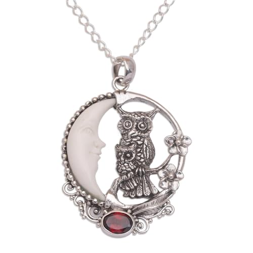 NOVICA Artisan Handmade Garnet Bone Pendant Necklace 925 Sterling Silver Owl Red Indonesia Animal Th
