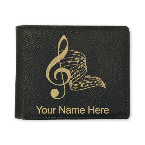 LaserGram Faux Leather Bi-Fold Wallet, Musical Notes, Personalized Engraving Included (Black with Gold)