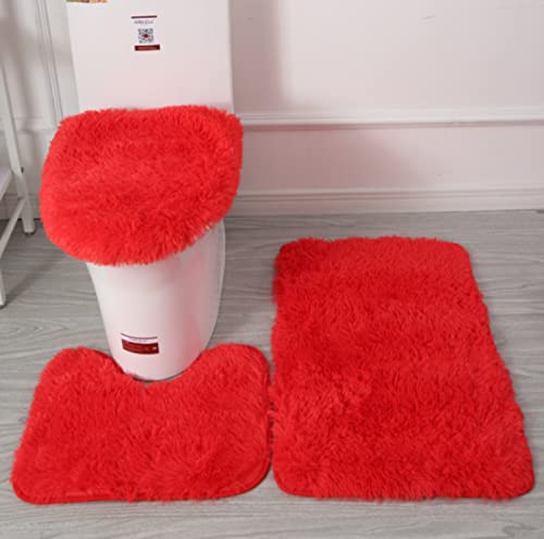 3 Teilig Badematte Set rot 3D Badematten Set rutschfest, Badezimmerteppich,U-förmiger WC-Vorleger,WC-Deckelbezug für…