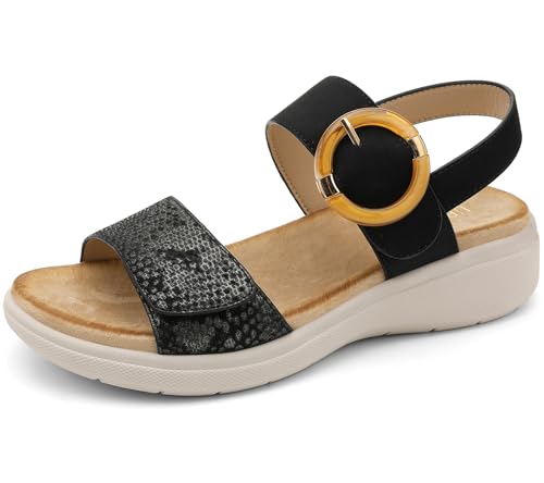 Image of UBFEN Womens Outdoor Walking Sandals Comfort Stable Low Wedge Platform | Built-in Arch Support, Shock-Absorbing Cushion Insole, Versatile Buckle Sandals for Everyday Errands,and Vacation Strolls