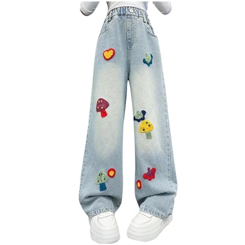 Girls Cute Mushroom Graphic Wide Leg Jeans Loose Elastic Waist Comfy Summer Kids Casual Denim Pants for 5-15 Years