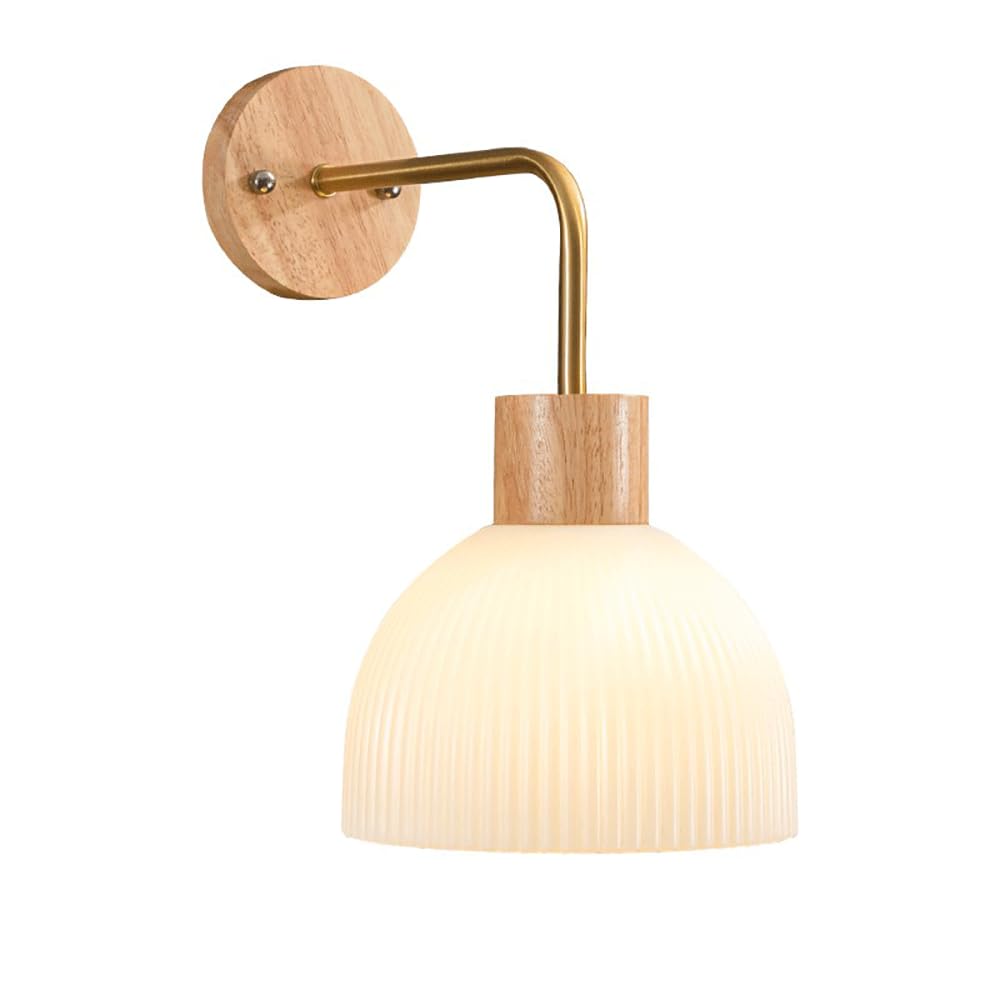Lámpara de pared junto a la cama con apliques de vidrio y soporte de madera natural