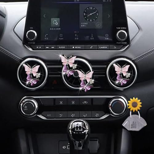 Image of 4 Pcs Butterfly Air Vent Clips, Car Vent Clips Dual Butterfly Air Vent Freshener Clip Decoration, Car Interior Decor Bling Cute Accessories Car Decoration for Women + Sunflower Mask Hook (Pink, 4)