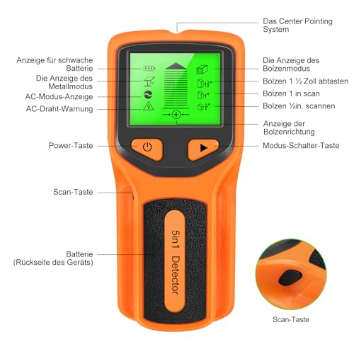 Leitungssucher Ortungsgerät Stromleitungsfinder 5 in 1 Wandscanner Metall Detektor mit HD LCD...