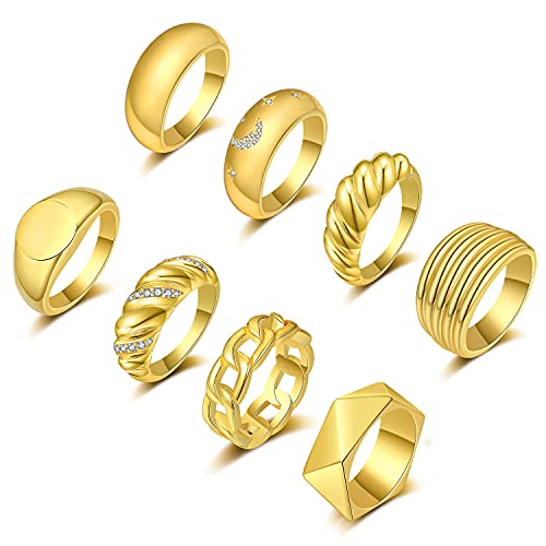 FUNEIA Juego de 8 anillos gruesos de oro para mujer, chapado en oro de 18 quilates, circonita cúbica croissant, estrella de luna, anillos de sello de cúpula gruesa, trenzados, apilables, tamaño 59,