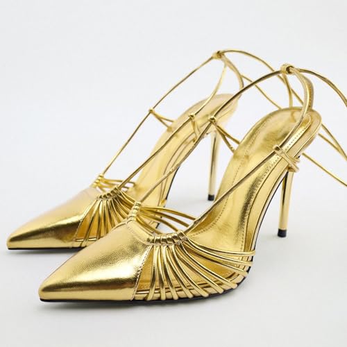 YIYA Women's Metallic Gold Closed Pointed Toe Slingback Sandals Lace-Up Strappy Stiletto High Heels Wedding Party Dress Pumps3