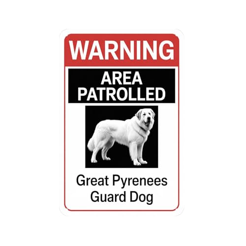 Warning Area Patrolled Great Pyrenees Guard Dog tin sign Vintage Dog Breed Metal Sign for Garden & Yard Bar, Porch, Garage Home Decor 8 X 12, easy to hang