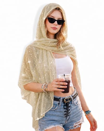 JENSVOIR Shawl Wraps for Women Gold Sequin Rave Scarf Sparkling Headscarf Hijab Neck Scarf for Evening Dress Beach Cover Up