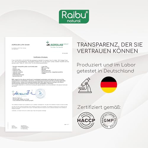 Johanniskraut Kapseln Hochdosiert - 5500 mg Johanniskraut pro Kapsel (10:1 Extrakt) - Natürliches Hypericin - 180 Kapseln, 6 Monate Vorrat - Vegan & Ohne Zusatzstoffe - Raibu