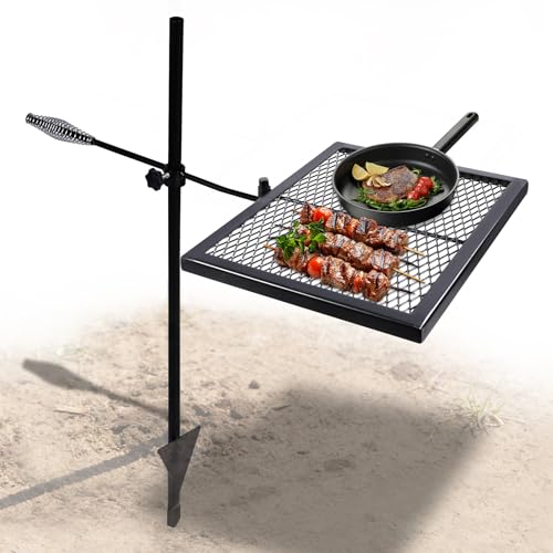 REDCAMP Swivel Campfire Grill Heavy Duty Steel Grate, Over Fire Camp Grill with Carrying Bag for Outdoor Open Flame Cooking (Black)