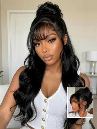 Image of 13x4 Glueless Human Hair Wig Body Wave with Curtain Bangs 24 Inch | Bye Bye Slip HD Lace Front Wigs Human Hair Pre Cut Pre Plucked Bleached Knots Bangs Drawstring Cap Ready to Wear 150% Density