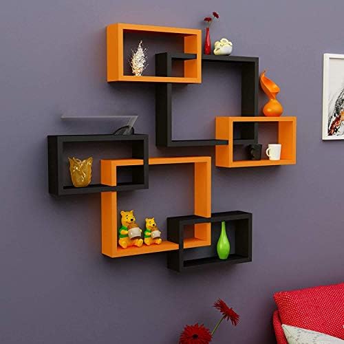 Global Art & Crafts Intersecting Wall Mount Wall Shelf Set of 6 Wall Shelves for Living Room (Orange/Black)
