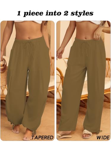 Image of Women's Linen Balloon Barrel Beach Pants Boho Harem Flowy Drawstring Casual Loose Pants with Pockets