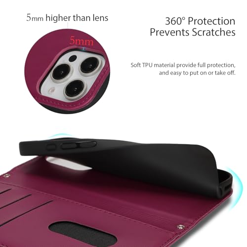 Jaorty for iPhone 16 Pro 5G Phone Case Wallet with Strap,6.3",Dark Red - image 6