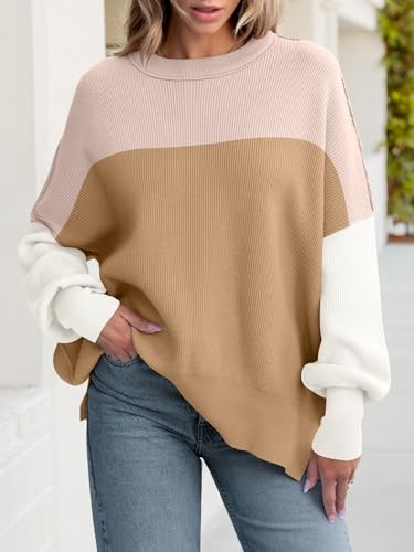 Image of ANRABESS Women Oversized Sweaters Batwing Long Sleeve 2026 Fall Outfits Crewneck Casual Knit Side Slit Fashion Pullover Top