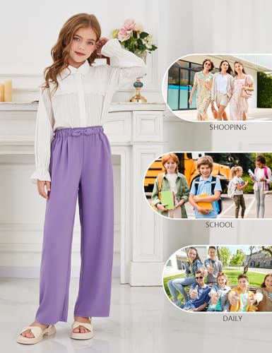 Image of Girls Wide Leg Palazzo Pant Loose Straight Cute Bow Waist Spring Summer Lightweight Dress Pant for Kids 5-14Y