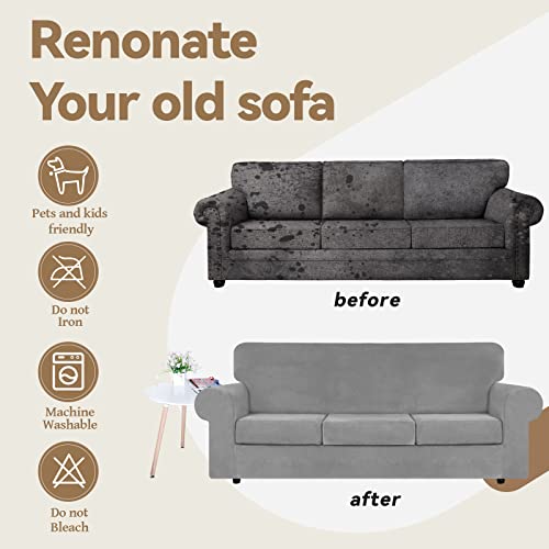Weerrw YHRSC-L-08SI 4 Pieces Velvet High Stretch Couch Covers For 3 Cushion Couch Sofa Slipcovers, Washable Furniture Protector With Non Slip Elastic Bottom, Feature Soft And Thick Plush Fabric, Silver Grey thumb #4