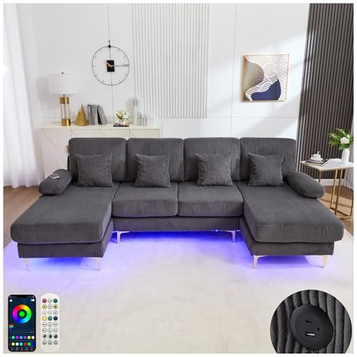 Lubvtti Sofá Moderno en Forma de U con iluminación Ambiental LED y Puerto USB+Type-C,sofá de 4 plazas con 4 Cojines de Lujo y Respaldo ergonómico,sofá cheslong 4 plazas,Gris