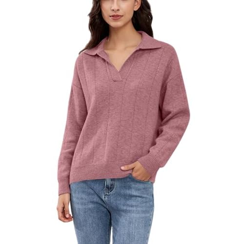 Woman Soft Sweater Collar V Neck Long Sleeve Knit Jumper Top Solid Casual Pullover Sweaters Fenhong Large