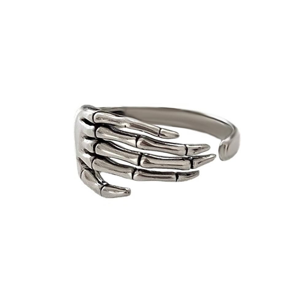 Vintage Skull Hand S925 Sterling Silver Open Band Ring for Women Girls Statement Adjustable Expandable Oxidized Gothic Skeleton Devil's Talons Finger Pinky Rings Comfort Fit Unisex Jewelry