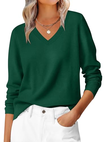 ANRABESS Womens Long Sleeve V Neck Sweaters 2025 Fall Casual Classic Soft Loose Fit Basic Pullover Jumper Top Dark Forest Green Small