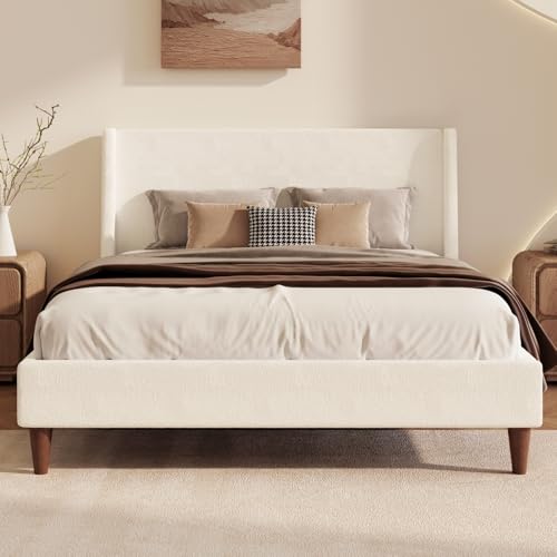 Image of Merax Boucle Queen Size Bed Frame with Wingback Headboard, Solid Wood Upholstered Platform with Walnut Wooden Legs, No Box Spring Needed, White