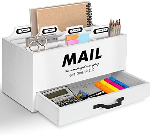 Farmhouse Mail Organizer, Desktop Mail Holder Letter Sorter, Office Desk Accessories Organizer, Countertop Mail Sorter with Drawer, Wood Desk Organizer for File Letter Paper, Decorative Mail Holder