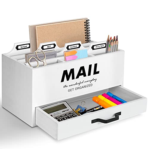 Farmhouse Mail Organizer, Desktop Mail Holder Letter Sorter, Office Desk Accessories Organizer, Countertop Mail Sorter With Drawer, Wood Desk Organizer For File Letter Paper, Decorative Mail Holder #TOP3