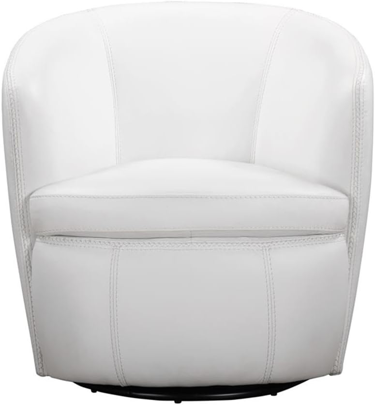 Pemberly Row Traditional Italian Leather Swivel Club Chair, Snow White Finish, 360-Degree Metal Base, Barrel Design, 31"W x 28"D x 31.5"H, Aniline-Dyed Leather Upholstery, Living Room Accent Seating