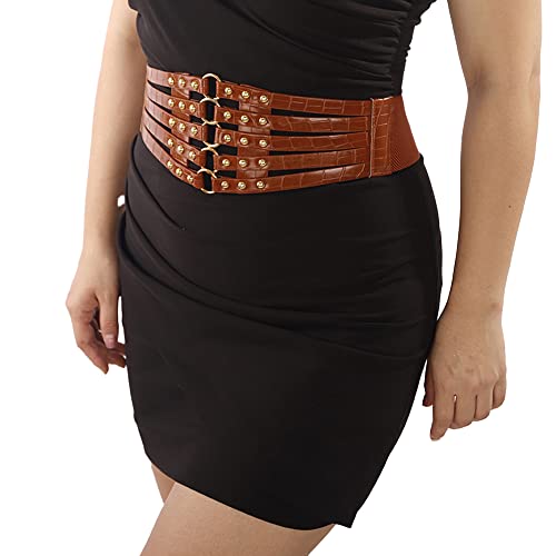 Wiwpar Women's PU Leather Elastic Wide Stretchy Waist Belt Fashion Vintage Waistband for Dresses Corset Belt Tie Waist Belt Corsets for Women Girls Party Prom Dress(Brown)2
