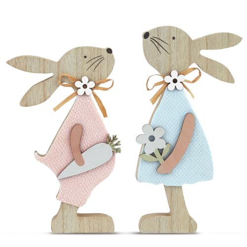 TOOYUMON Easter Decorations Wooden Bunny – 2PCS Easter Bunnies Table Decor for Home Office, Farmhouse Tiered Tray and Mantel, Indoor Tabletop Spring Bunny Ornaments