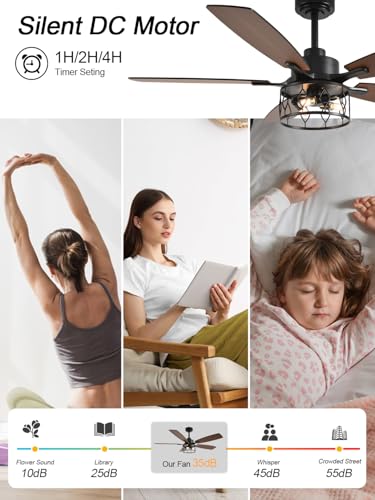 Image of Farmhouse Ceiling Fan with Lights (Black Caged, 52 Inch) | Caged Fandelier Ceiling Fan Large Chandelier, Reversible Quiet DC Motor 6 Speeds for Living Room Bedroom