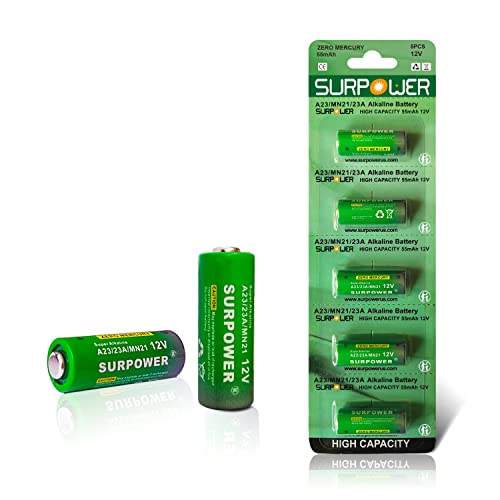 5-Year WarrantySURPOWER A23 23A 23AE 12v Alkaline Battery A23s -5 Pack