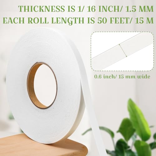 Image of Tatuo 2 Rolls Double Sided Foam Tape 0.6 Inch by 50 Feet White PE Foam Tape Sponge Soft Mounting Adhesive for DIY Craft Picture Poster Hanging