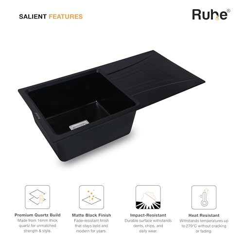 Image of Ruhe Quartz Single Bowl 36x18x9 Inches Drainboard Kitchen Sink | Black Non-fading Colour with UV Protection | Natural Stone Quartz /Granite Sink with Sink Coupling, Waste Pipe & Strainer Basket