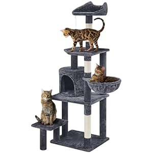 Yaheetech Arbre à Chat Taille 145 cm de Haut Multiniveau Tour pour Chat avec Perchoir à Oreilles de Chat Cachette Panier Plateforme Poteaux à Griffer Centre d’activités Gris Foncé
