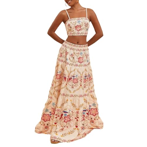 Womens Print Maxi Skirt Outfits Sleeveless Halter Crop Tank Top High Waist Maxi Skirt Beach Vacation Sets