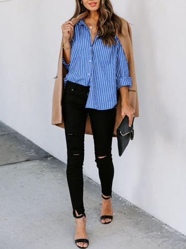 siliteelon Womens Button Down Shirts Cotton Striped Dress Shirt Long Sleeve Collared Office Work Blouses Tops4