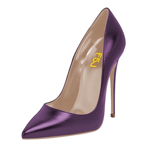 FSJ Women Fashion Pointed Toe Pumps Stiletto 4.72 inch/12cm High Heel Sexy Slip On Party Prom Wedding Dress Shoes Size 16 Dark Purple