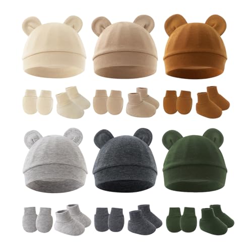 Image of ZURLEFY Cotton Baby Hats Mittens and Socks Set Unisex, Toddler No Scratch Mittens and Beanie Cap Infant Newborn Hospital Hat