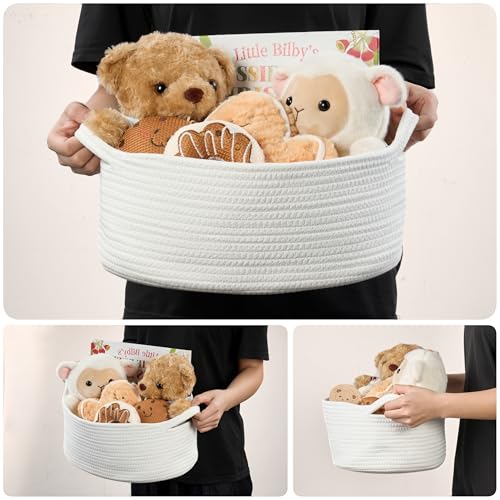 Kodomoore Small Woven Gift Basket Empty with Bag & Ribbon - Gifts for Mom, Baby Shower, Birthdays & Raffle - Cotton Rope Storage Basket for Dog Toys or Shelf - 13.4\"x10\"x5.5\", Large, White